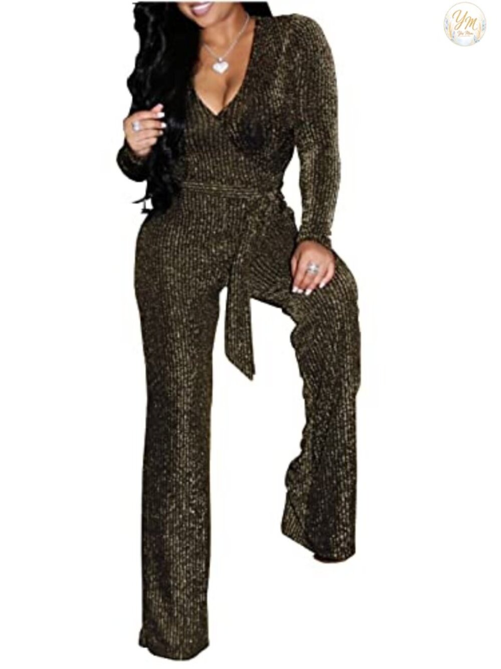 LightlyKiss V Neck Sparkly Long Sleeve Jumpsuit with Belt Clubwear